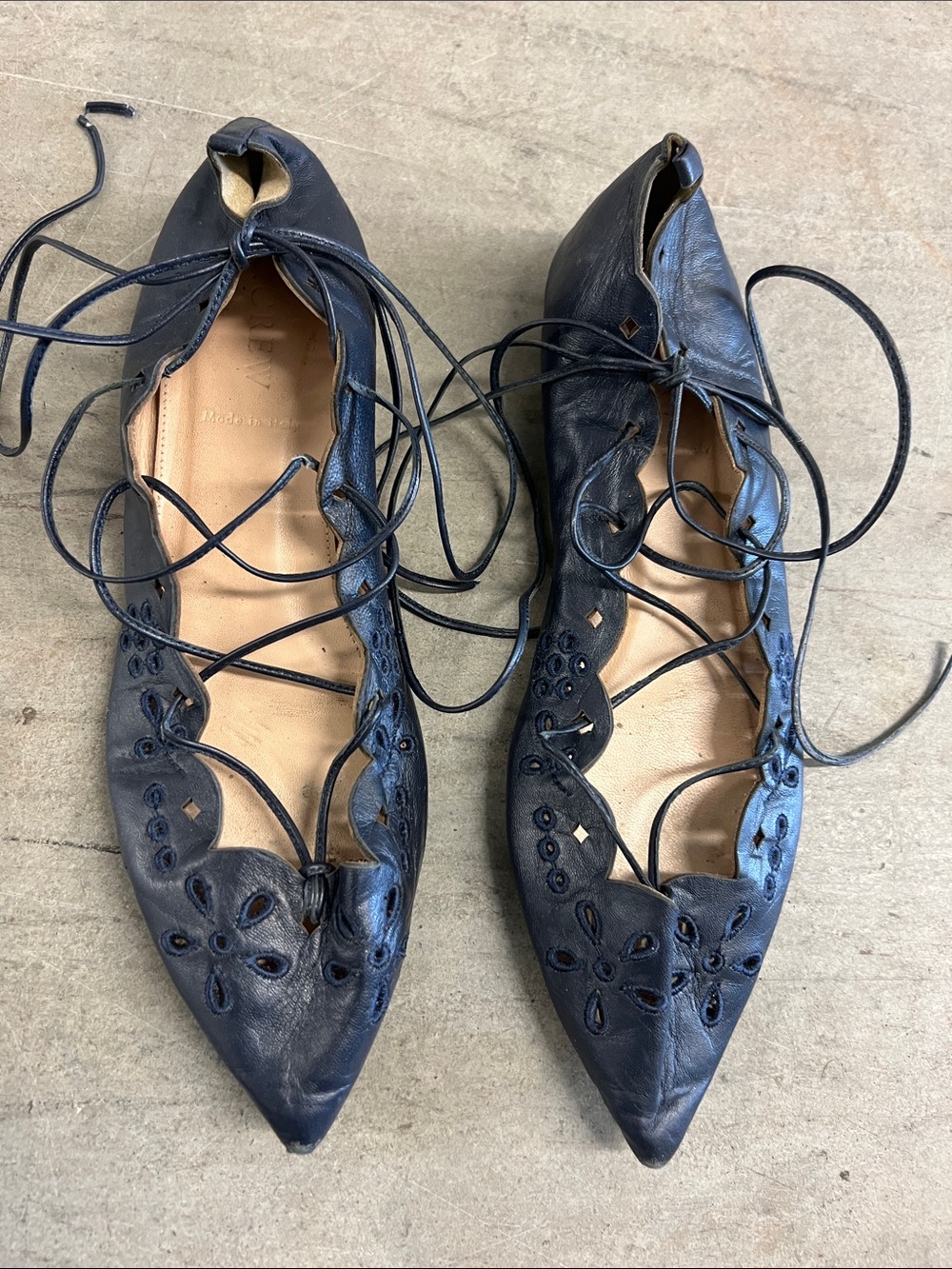 J. Crew Navy Lace-Up Pointed Leather Flats with Floral Cutouts